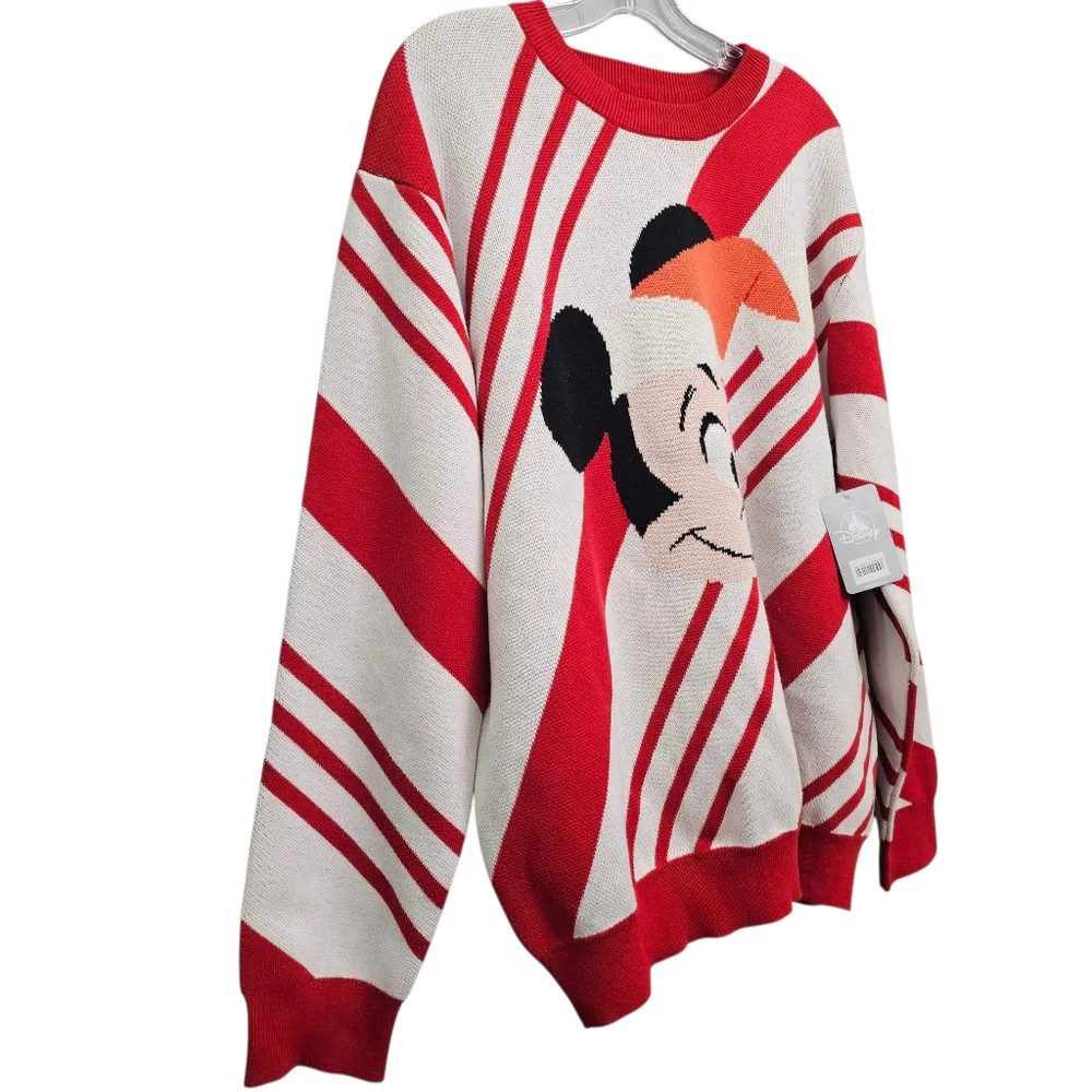 Nwt Disney Candy Cane Stripe 2023 Mickey Mouse Face Longsleeve Pullover Sweater
